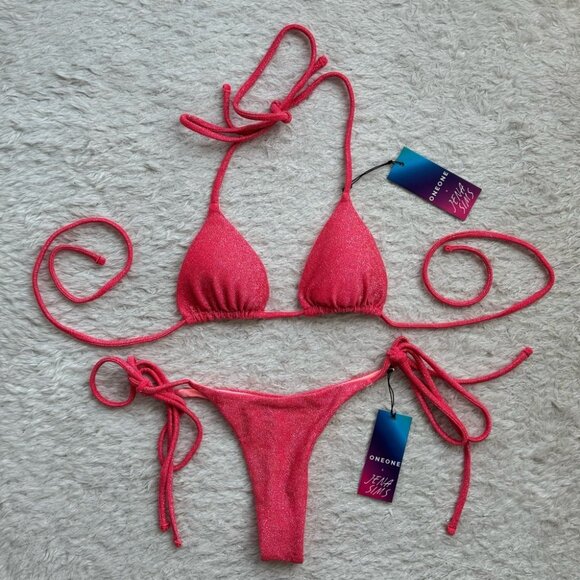 NWT OneOne Swimwear Bikini SET Ariel Jena Sims Collab Pink Flamingo Island NEW - Picture 6 of 7